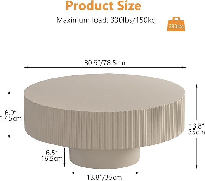 Modern Wood Coffee Table for Living Room - Handcraft Drum Coffee Tables with Sturdy Base, Small Round Fluted Coffee Table Tea Table for Apartment, Bedroom, Office - Easy Assemble (White 31")