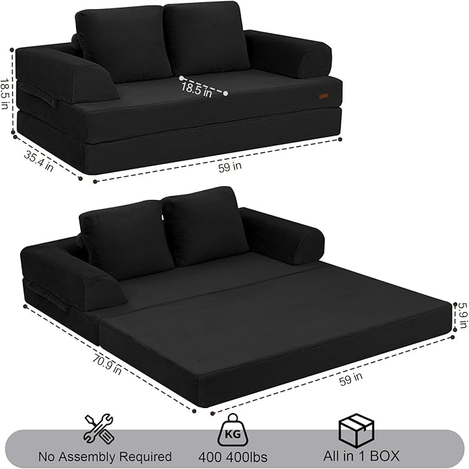 COMAX Convertible Sofa Bed, Folding Floor Couch Fold Out Couch Bed Futon Sleeper Mattress with Pillows, Boneless Sofa Comfy Lounge Loveseat for Living Room Bedroom, Faux Fur Black