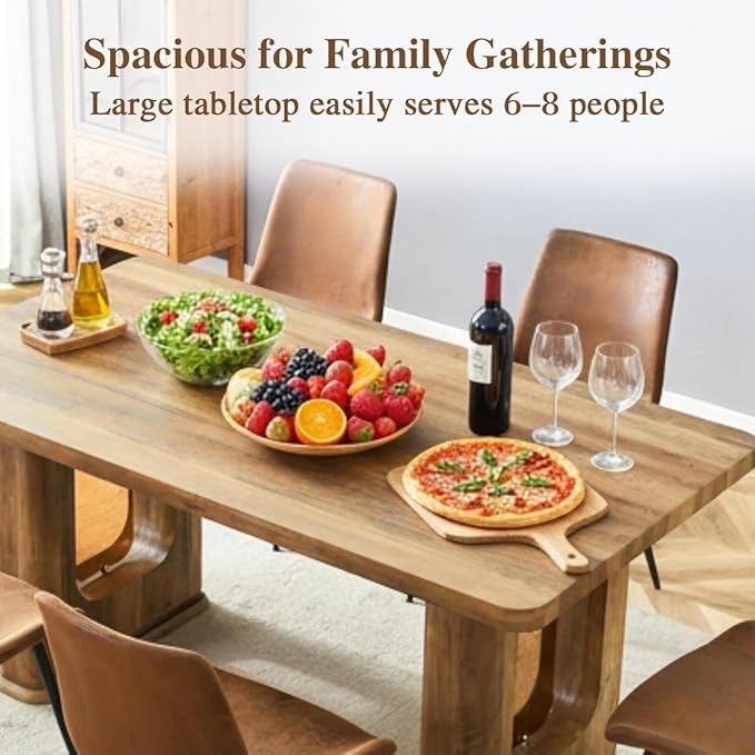 Dining Room Table for 6 - Wooden Dining Table with 1.7-Inch Thick Seamless Tabletop and Dual Pedestal Base,64.5'' Farmhouse Dining Table Ideal for Kitchen,Home Office(Easy to Assemble)