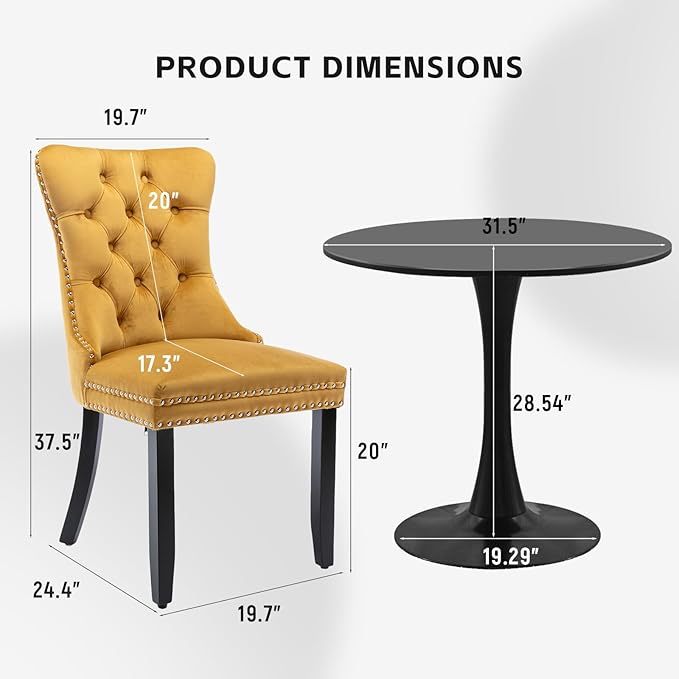 SoarFlash Kitchen Table and Chairs for 2, 31.5" Dining Table Set for 2 with Velvet Upholstered Chairs, 3 Piece Round Kitchen Table Set, Dining Room Table Set for Small Space, Apartment, Gold/Black