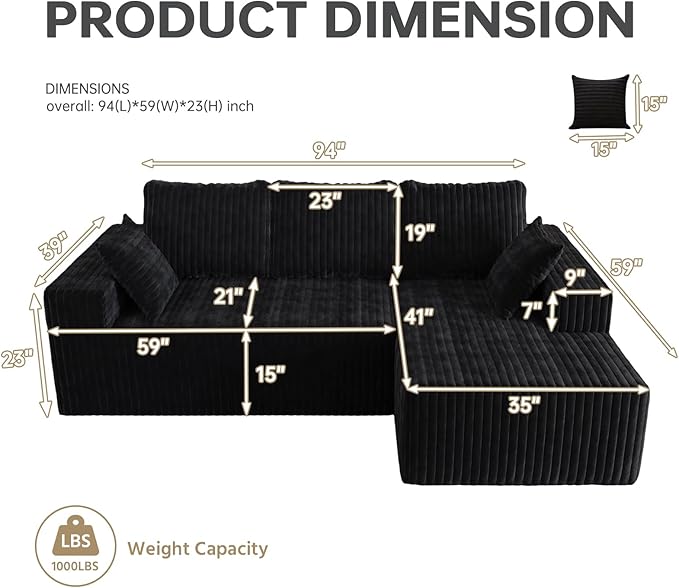 94" Cloud Sectional Couch with L-Shape Chaise,4 Seat Modern Modular Sofa with Side Pockets,Upholstered Couches for Living Room Bedroom, Boneless Couch,No Assembly Required