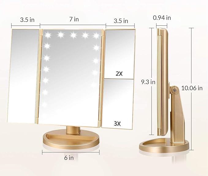 Trifold Makeup Mirror Vanity Mirror with Lights,1X 2X 3X Magnification,Touch Screen,180 Adjustable Rotation,Portable Travel Bathroom Cosmetic Mirror