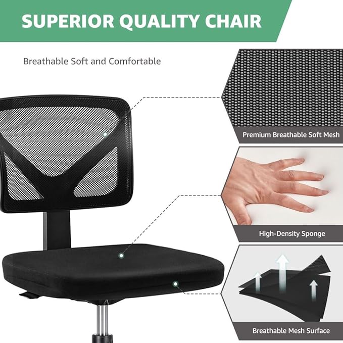 Armless Mesh Office Chair, Ergonomic Low Back Deskchair, Adjustable Rolling Task Computer Swivelchairs for Small Spaces Home Bedroom Study, Black