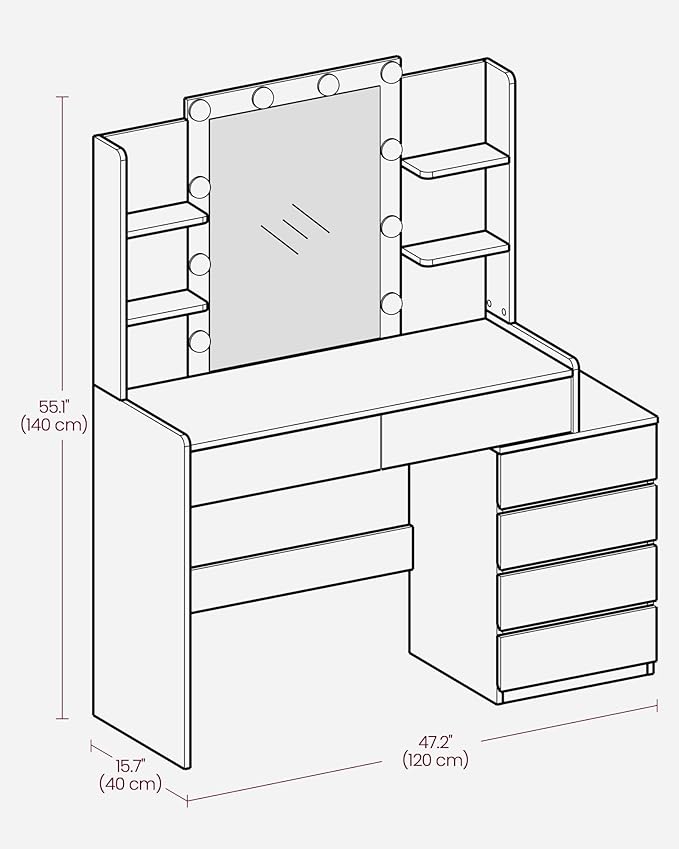 VASAGLE Vanity Desk with Mirror and LED Lights, Makeup Vanity with 6 Drawers, Vanity Table with 4 Open Shelves, 10 Dimmable LED Lights, for Bedroom, Dressing Room, Modern, Ebony Black URDT122B01