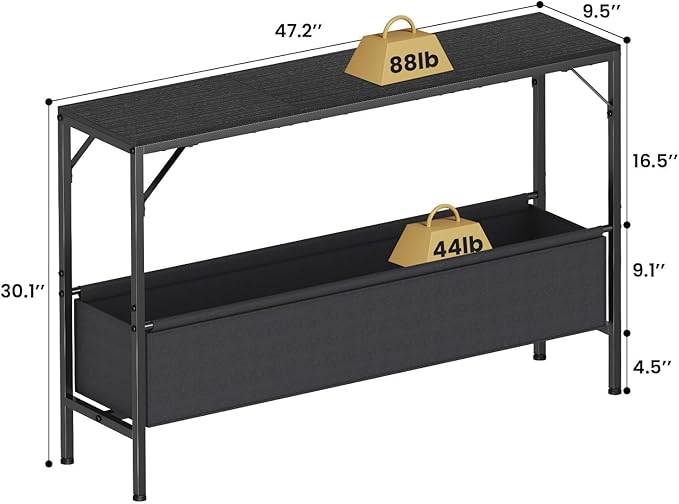 Narrow Console Table with Storage Basket, 47.2'' Behind The Couch Table, Entryway Table, Skinny Console Table, Small Sofa Table, Display Table for Hallway, Foyer, Living Room, Black