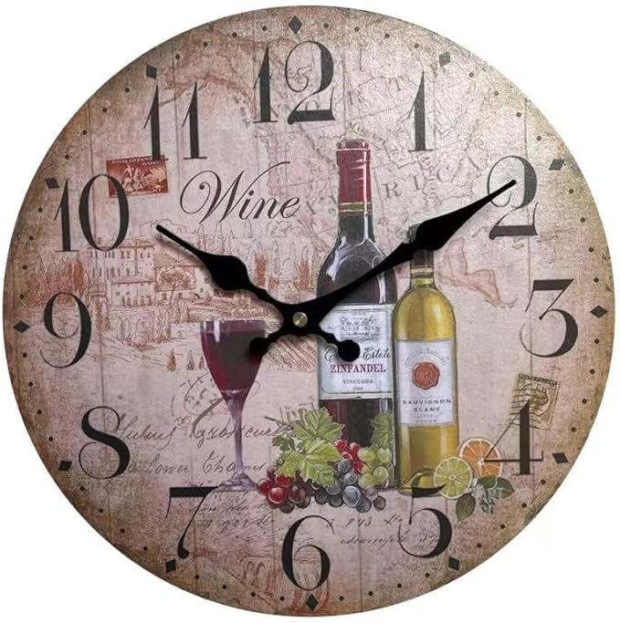 oumao 12" Retro Vintage Wine Pattern France Style Non-Ticking Silent Wooden Wall Clock Art Decoration for Kitchen/Living Room/Bedroom/Farmhouse