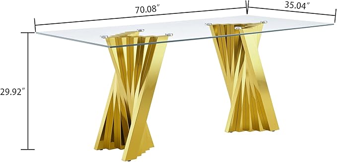 HomVent 70.08" Rectangular Clear Tempered Glass Dining Table,Stylish Design with Golden Stainless Steel Legs, Dining Table for Dining Room