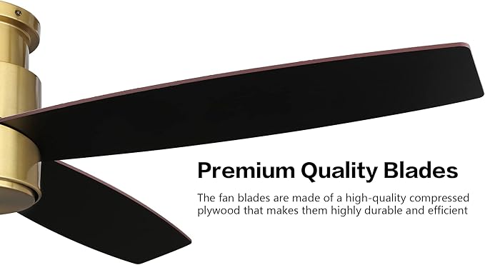 WINGBO 44" Flush Mount DC Ceiling Fan without Lights, 4 Reversible Plywood Blades, Quiet 6-Speed DC Motor, Hugger Low Profile Ceiling Fan No Lights for Bedroom, Brass Finish and Black/White Blades