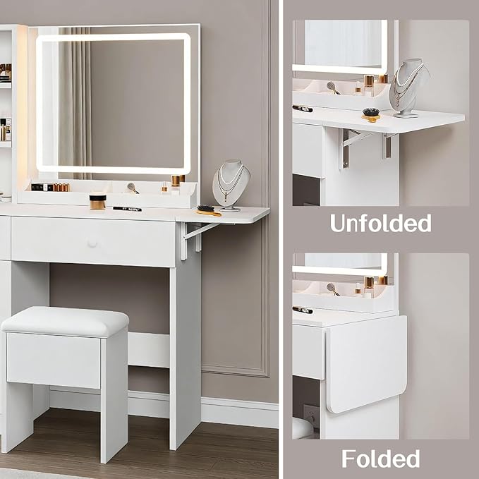 Haewon Makeup Vanity Desk with LED Mirror and Power Outlet, White Dressing Table Set with Storage Chair for Bedroom