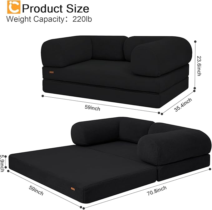 COMAX 4-in-1 Futon Sofa Bed, Queen Size Foldable Couch with L-Shaped Armrests, Convertible Sleeper Chair Bed, Comfortable Lounge Mattress for Living Room and Bedroom, Dark Black