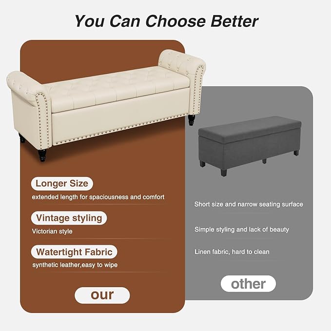 65 Inch Bedroom Bench, End of Bed Bench with Storage, Bed Benches for Foot of Bed, Faux Leather Window Bench with Tufted Button and Nailhead Trim, Upholstered Storage Bench, Rolled Arms, Cream White