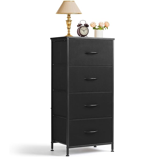 Nightstand, 4 Drawer Dresser End Table Bedside Furniture with Wooden Top Steel Frame Fabric Bins for Bedroom, Closet, Entryway, Dorm, Living Room, Black
