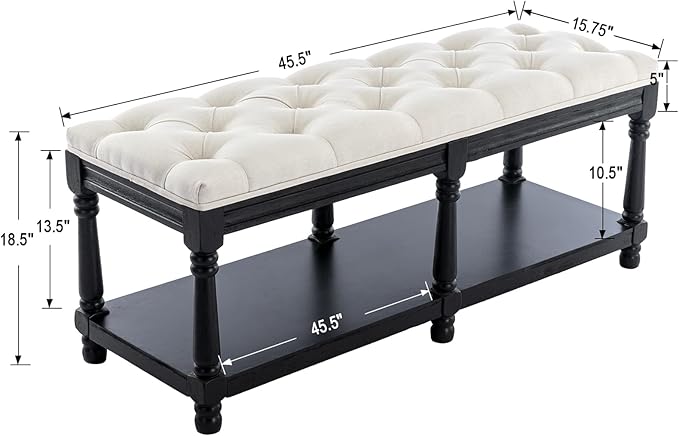 Kmax Storage Entryway Bench Tufted Shoe Rack Bench Black Wood Window Bench for Hallway Entrance Bedroom Corner, Beige