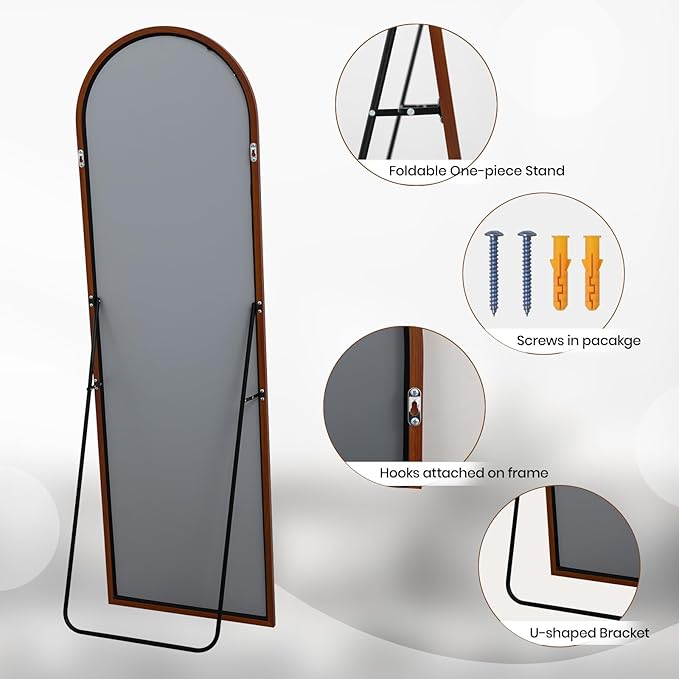 Arched 19x57 Inch Full Length Mirrors Aluminium Frame in Retro Reddish Brown Wood Looking Free Standing Floor Mirror Full Body Wall Mounted for Bedroom Living Room and Hallway