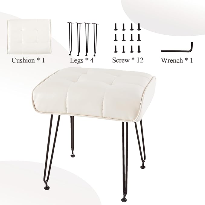 PU Leather Vanity Stools, Vanity Stool Chairs for Makeup Faux Leather Foot Stools Ottoman with Metal Leg Make up Chairs for Vanity Small Bench Seat for Living Room Bedroom (Cream White)