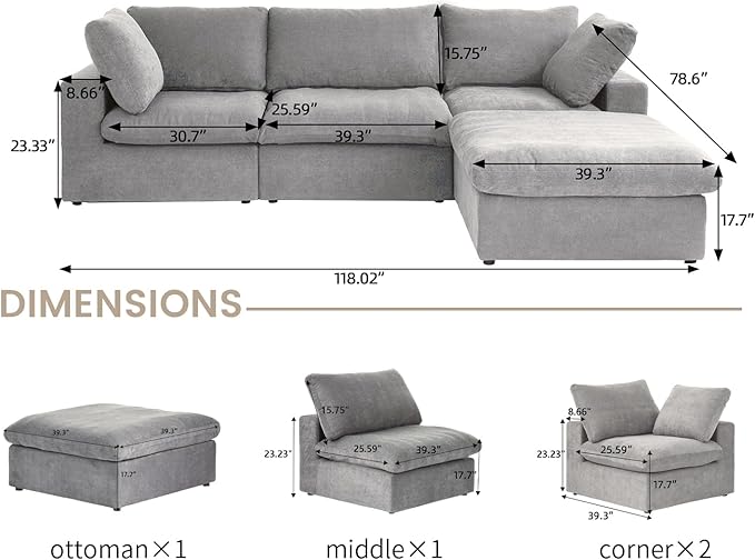Cloud Modular Sectional Sofa with Storage Ottoman,120.45" L Shaped Couch for Living Room,Down Filled Convertible Couch Deep Seat for Office Apartment,Covers Washable&Replaceable (Gray)