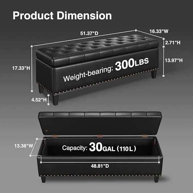 Storage Ottoman Bench,51-Inch Large Storage Bench for Bedroom End of Bed, 30 Gallons Faux Leather Ottoman with Storage for Bedroom, Living Room, Entryway, Black
