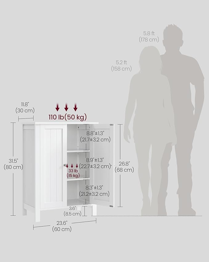VASAGLE Floor Storage Cabinet, Freestanding Storage Unit with 2 Adjustable Shelves, for Bathroom Living Room Dining Kitchen, 11.8 x 23.6 x 31.5 Inches, White UBCB60W