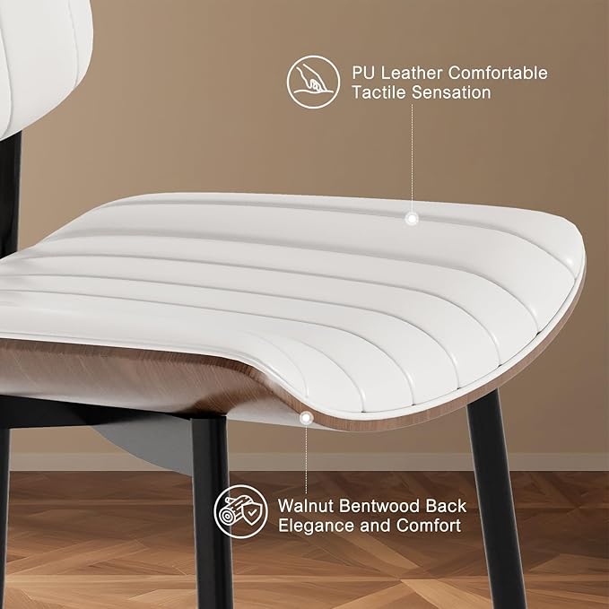 Modern Green Leather Dining Chair Set of 2, Bentwood Backrest & Black Metal Frame Ergonomic Comfort, Sustainable Style, Multi-Space Versatile, Beige