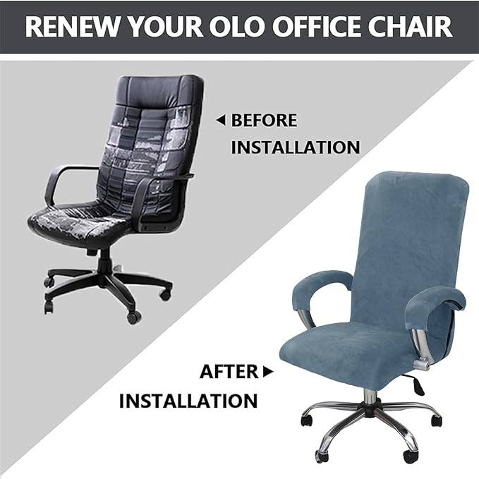 Velvet Plush Office Desk Chair Cover - Cat Proof Stretchable Elastic Comfy Protector for Ergonomic Office Chair with Wheels and Armrests, Fits Mesh and Executive Computer Chairs, Gray Blue, XL