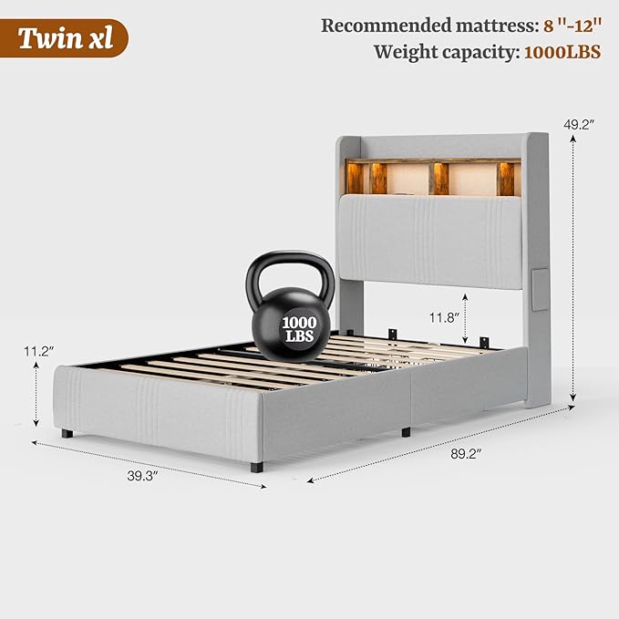 IKIFLY Twin XL Bed Frames with Hidden Storage Headboard & 4 Drawers, 49.2” Tall Upholstered Wingback Headboard with LED Lights and Charging Station, No Box Spring Needed, Solid Wood Slats, Light Grey