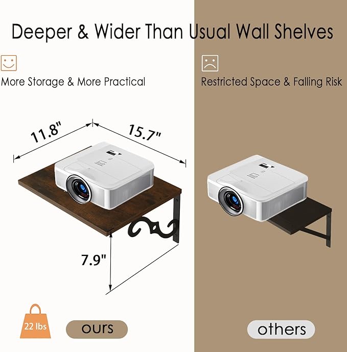 DINZI LVJ Deep Floating Shelves, 16" W x 12" D Wall Shelves Set of 2, Wide Display Shelf Mounted with Brackets, Easy-to-Install Wall Bookshelf for Living Room, Bathroom, Bedroom, Rustic Brown