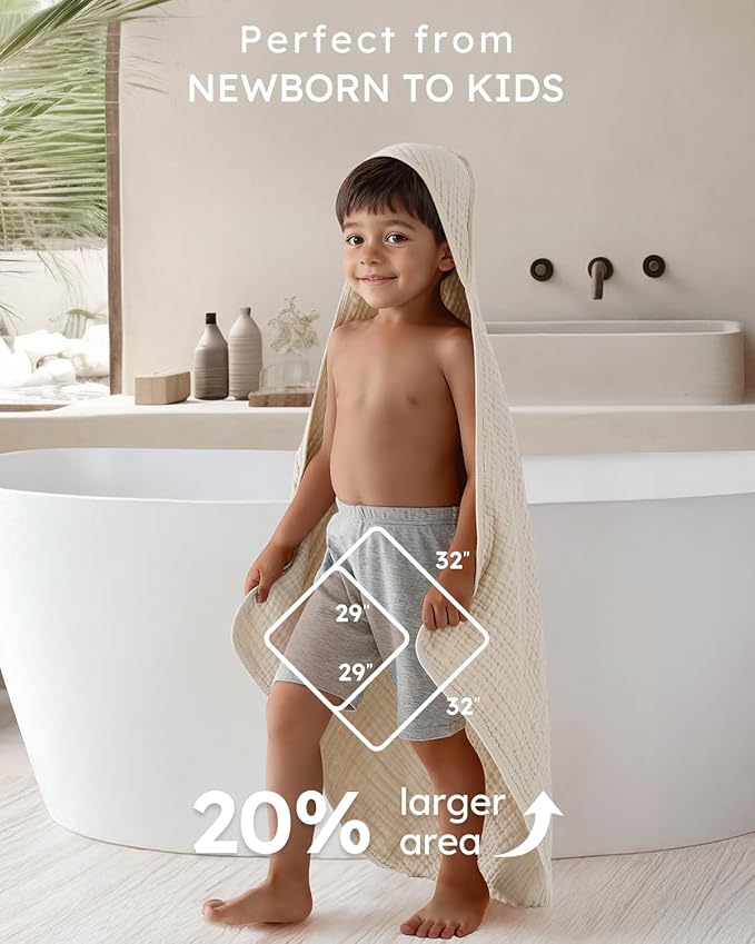 Yoofoss Hooded Baby Towels for Newborn 2 Pack 100% Muslin Organic Cotton Baby Bath Towel with Hood for Babies, Infant, Toddler and Kids, Large 32x32Inch, Soft and Absorbent Newborn Essential