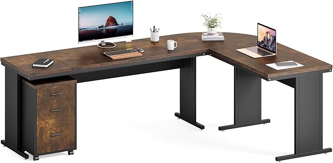 LITTLE TREE 83 Inch L-Shaped Office Desk with Drawers, Large Executive Office Desk with Storage, Wooden Computer Desk with File Cabinet, Modern Work Desk for Home Office, Brown