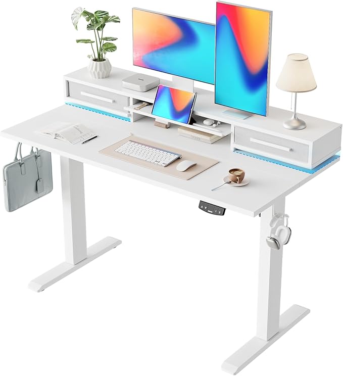 Agilestic 48 Inch Electric Standing Desk with Drawers, Adjustable Desk with Storage Shelf, Stand Up Home Office Computer Table, Splice Board, White