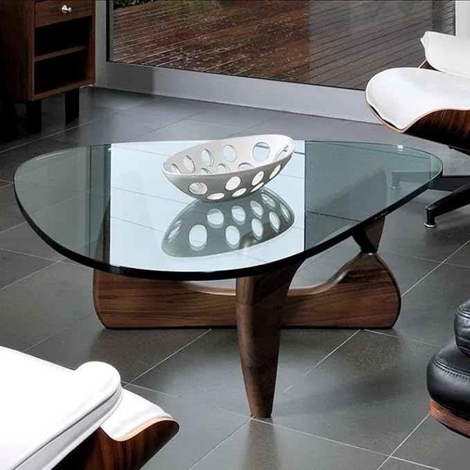 Mid Century Coffee Table Triangle Glass Coffee Table with Solid Wood Base and Thick Clear Glass Top Modern End Table for Living Room, Patio, Office, Dark Walnut