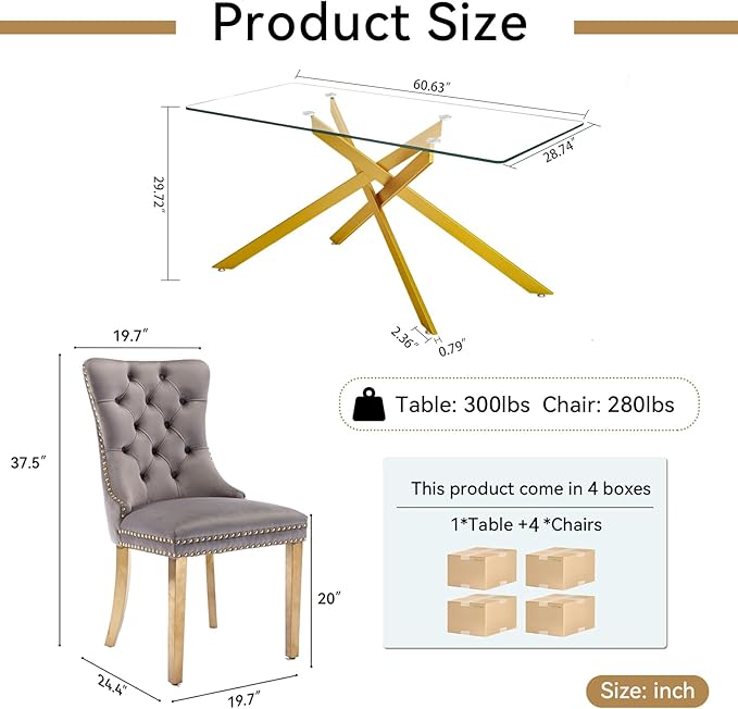 Goujxcy Glass Dining Table Set for 4, Modern Kitchen Table and Chairs Set of 4, 5-Piece Kitchen Dining Room Table Set w/61 Glass Gold Dining Table and 4 Gray Velvet Upholstered Chairs