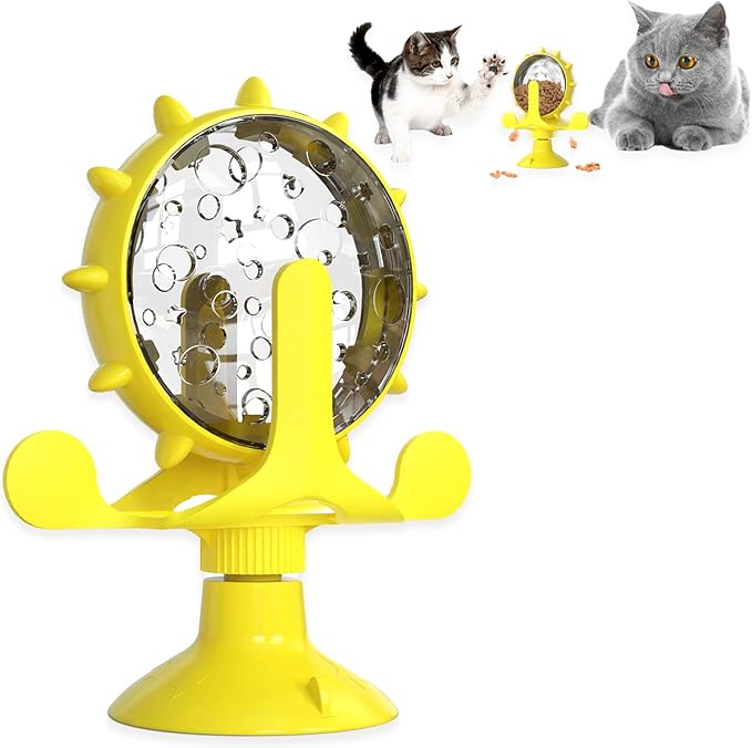 Cat Dog Treat Dispenser Toy - Cat Interactive Feeder Pet Food Toys Feeder 360° Degree Rotating Food Leakage Device Rotate with Strong Suction Cup Money Wheel Shape (Yellow)