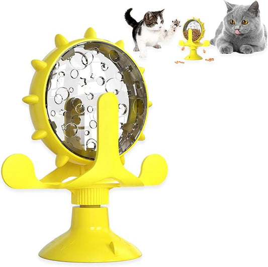 Cat Dog Treat Dispenser Toy - Cat Interactive Feeder Pet Food Toys Feeder 360° Degree Rotating Food Leakage Device Rotate with Strong Suction Cup Money Wheel Shape (Yellow)