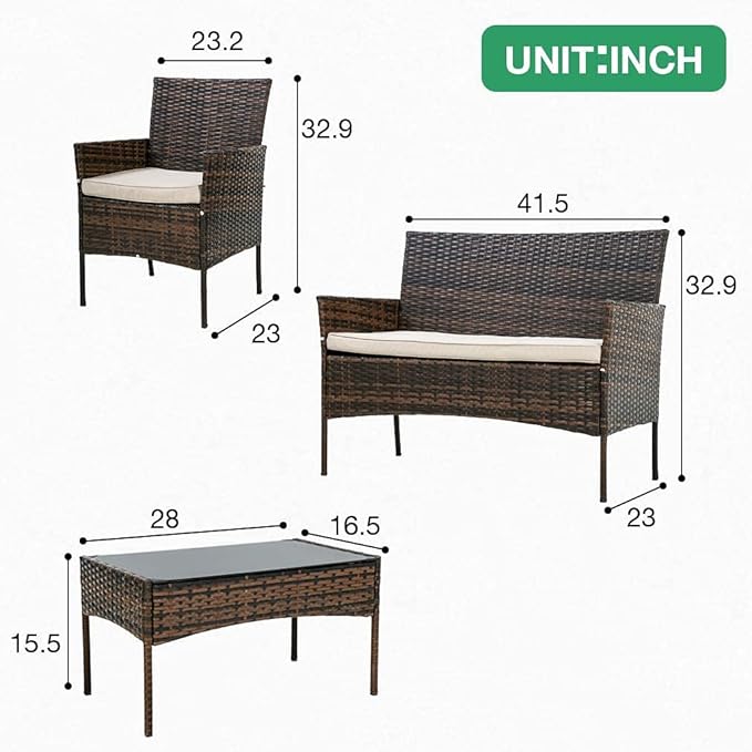 Outdoor Patio Furniture Sets 4 Pieces Patio Set Rattan Chair Wicker Sofa Conversation Set Patio Chair for Backyard Lawn Porch Poolside Balcony Garden Furniture Sets with Coffee Table (Brown)