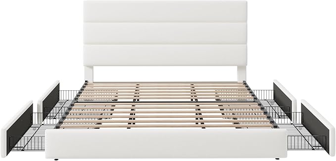 Allewie Modern King Size Platform Bed Frame with 4 Storage Drawers and Velvet Upholstered Headboard, Wooden Slats Support, Upholstered Mattress Foundation/No Box Spring Needed/Easy Assembly, White