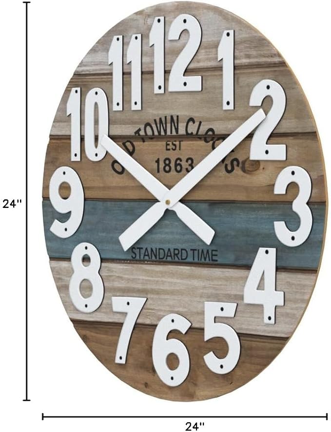 24" Wooden Multi-Color Maritime Coastal Beach Large Number Wall Clock (Blue, 24 inch)