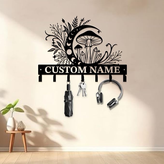 Customized Keys Holder - Personalized Mushroom Wonderland Key Hooks Wall Metal Sign Decor,Wall Holder,Door Hook (Style C)
