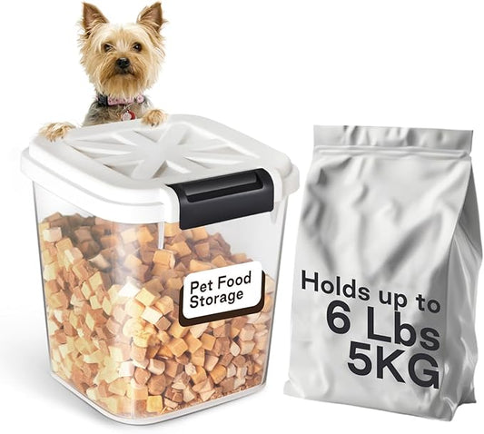 5 lbs Dog Food Storage Container with Lids Airtight Pet Food Container Cat Treat Container, Dry Pet Food Storage Bin for Cereal, Birds, Rice and Grain(6 lbs), White