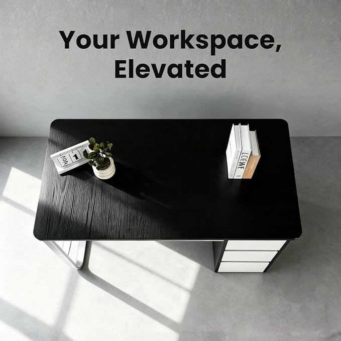 Premium Modern Wooden Computer Desk White Wooden Drawers & Bookshelf - Black Wood Top Writing Table with Strong Iron Frame for Home Office & Study 47.24W x 19.68L x 29.13H Inches