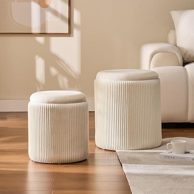 Round Set of 2 Ottoman with Storage-Upholstered Velvet Vanity Stool for MakeupMultifunctional Ottomans Coffee Table Padded Seat Foot Rest for Living Room&Bedroom(White)