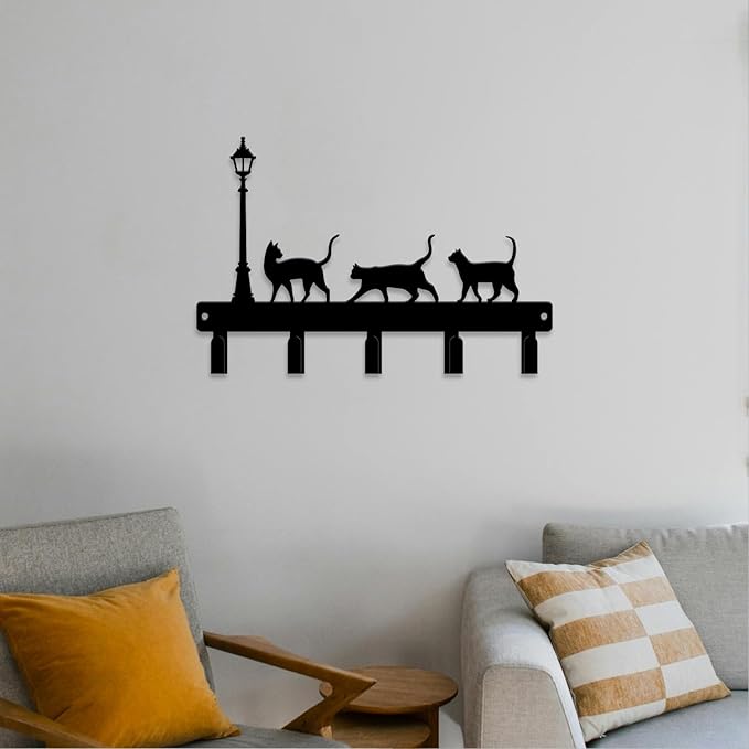 magilab Cat-Themed 10-Inch Iron Key Hooks with 5 Hooks, Black Wall Organizer - Cute Cat Design for Home Decor, No Drill & Screw-in Options (Style G)