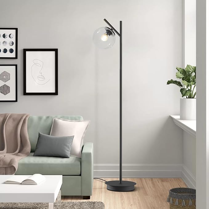 Modern Black Floor Lamps for Living Room Industrial Clear Globe Tall Standing Lamp Mid Century Freestanding Lamps Vintage Metal Floor Lamp for Bedroom Office