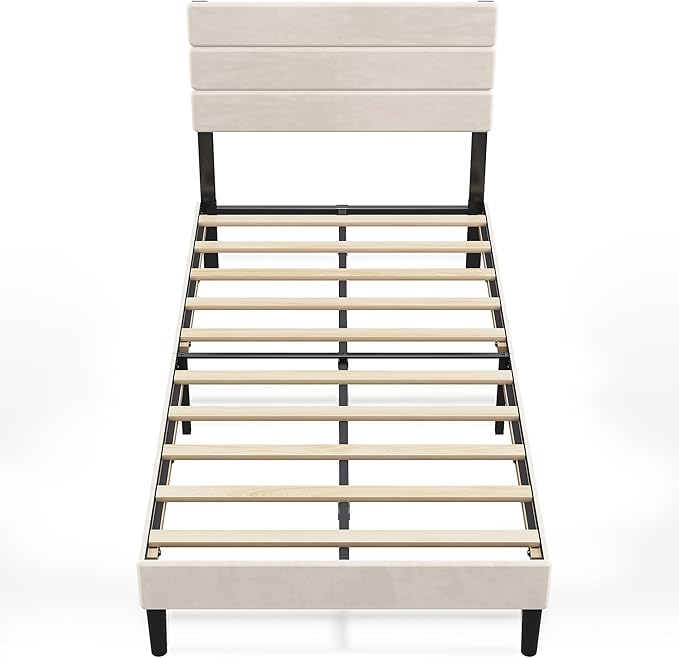 WLIVE Twin Size Upholstered Bed Frame, Velvet Square Tufted Headboard,Sturdy Metal & Wooden Slats Support, No Box Spring Needed, Light Grey