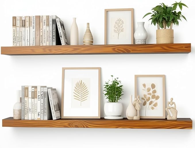 foxsky 36 Inch Solid Pine Wood Floating Shelves for Wall with Hidden Brackets, Rustic Farmhouse Wall Mounted Shelf for Bathroom, Living Room, Bedroom, Kitchen, Office Decor (Honey Oak)