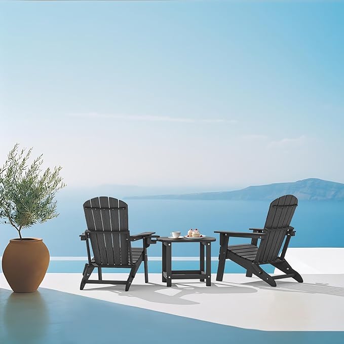 Plawdlik Folding Adirondack Chair, SGS Tested, Wooden Textured with Cup Holder, Heavy All-Weather HDPE Comfortable Set Poolside Backyard Lawn Grey Set 2