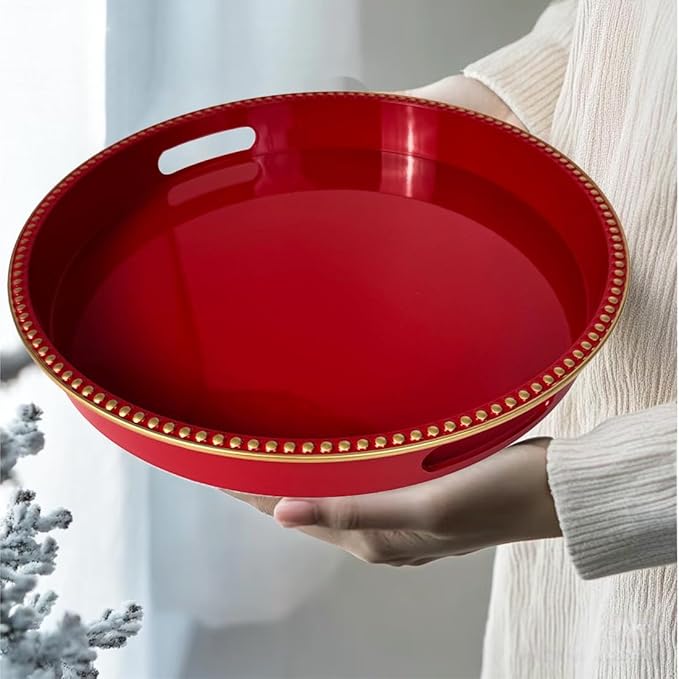 Red Decorative Tray for Coffee Table, Round Beaded Plastic Serving Tray forKitchen Counter, Ottoman, Living Room,(13")