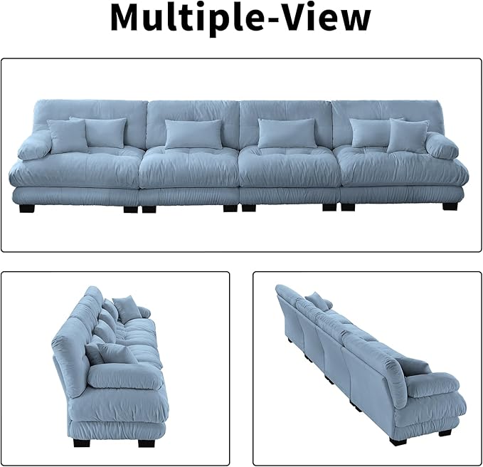 173.2" Oversized Couch, 4 Seater Modular Sectional Sofa, Blue Large Sectional Couches for Living Room, Fluffy Chenille Fabric Cloud Couch with 5 Pillows, Deep Seat Sofas