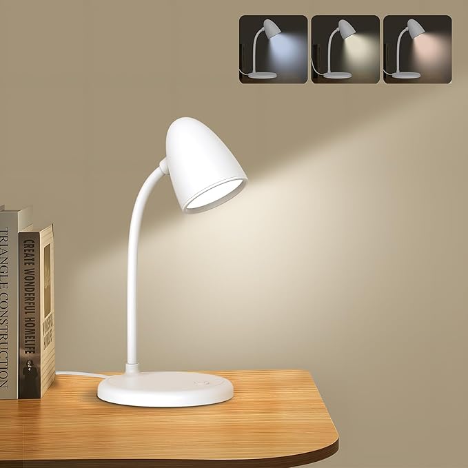 LED Desk Lamp for Home Office,3 Light Colors,Table Lamp,Dimmable Reading Light for Bedside Small Desk Lamp for College Dorm Room,Bedroom Desk Light,White