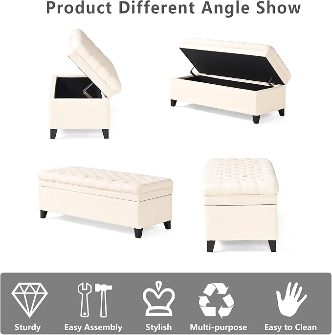 Setawix Linen Storage Benches for Bedroom,50" Bed End Bench with Storage,Tufted Beige Storage Ottoman Bench for Living Room,Rectangle Entryway Benches with Storage and Seating (Beige, Linen)