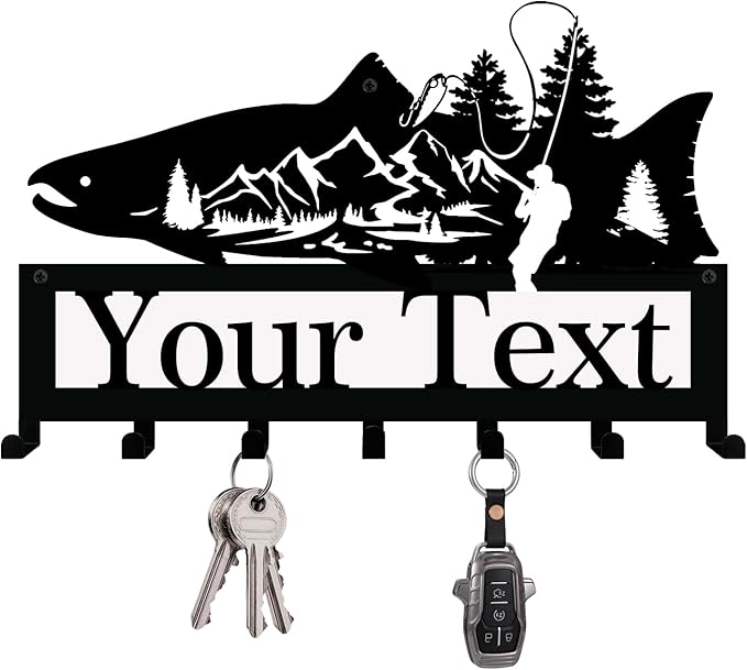 NIWAHO Salmon Fish Key Holder with Personalized Name - Custom Metal Wall Mounted Hook Rack for Entryway, Kitchen, Rustic Cabin Decor